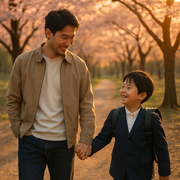 家族で公園を散歩する様子